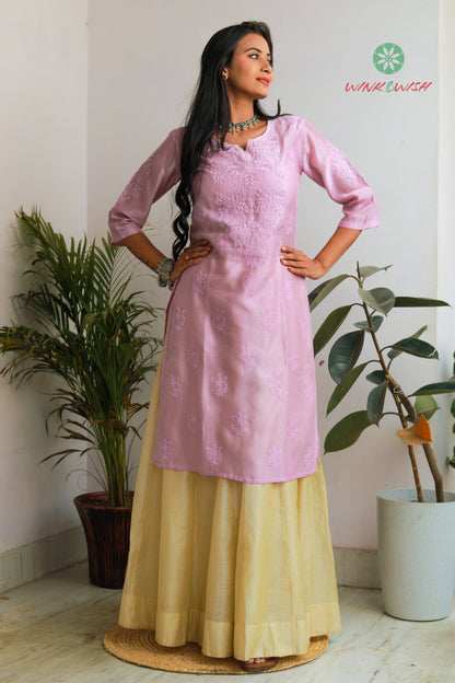 Lilac Rose pattern Chikankari embroidered Chanderi Kurti