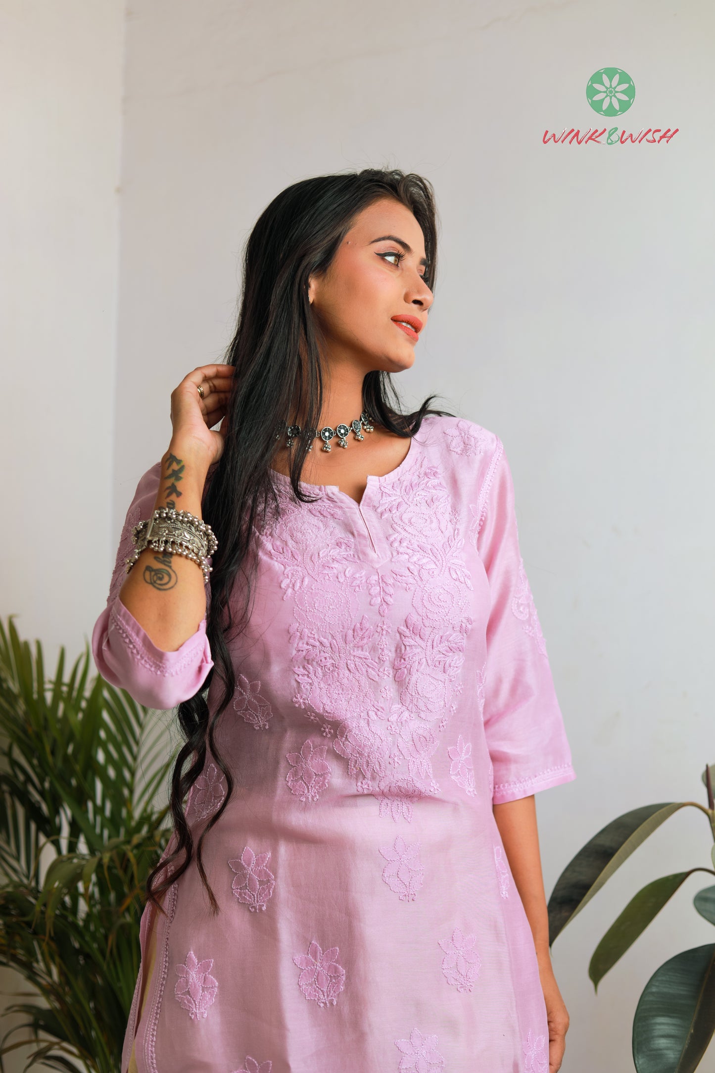 Lilac Rose pattern Chikankari embroidered Chanderi Kurti