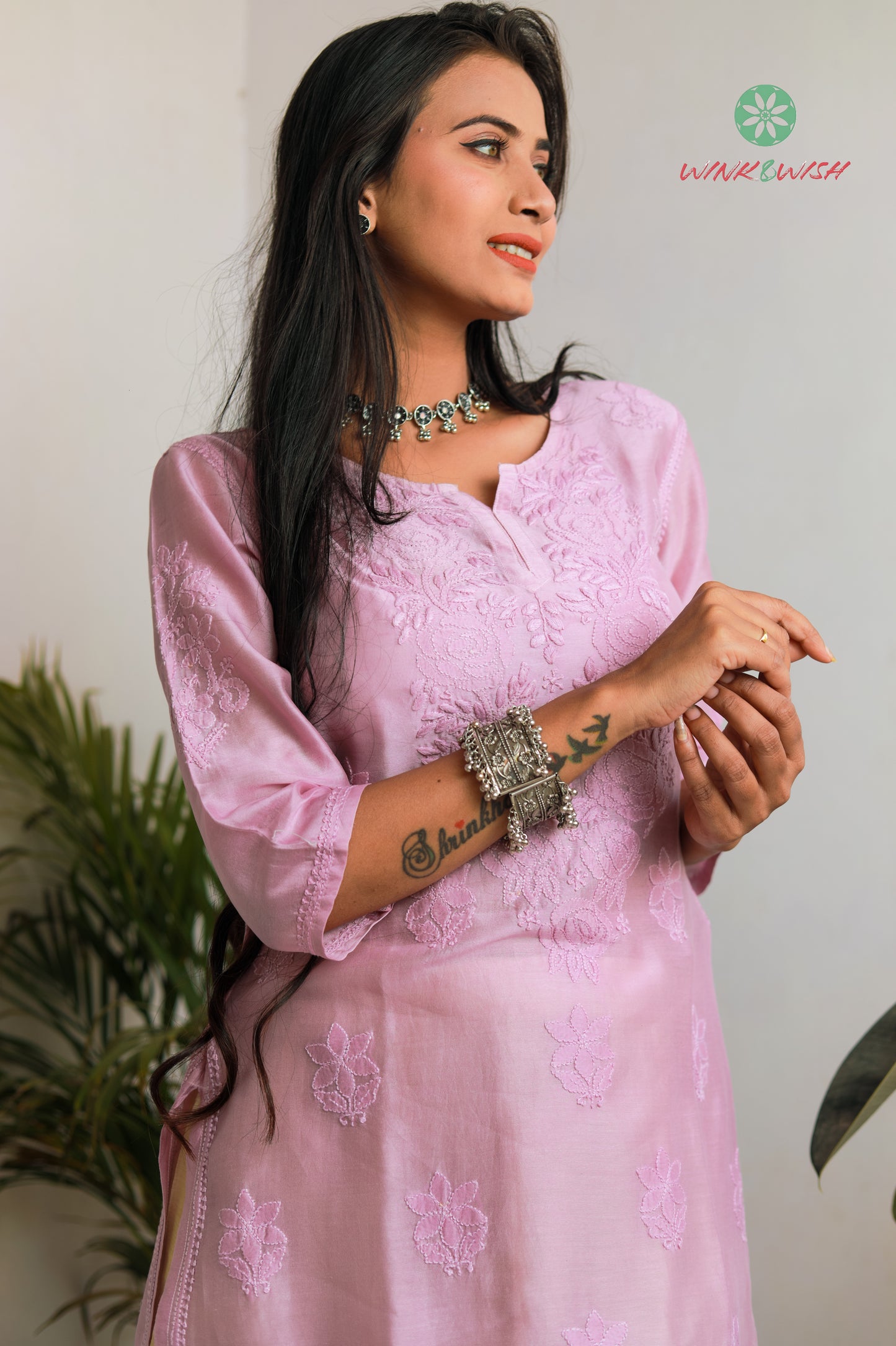 Lilac Rose pattern Chikankari embroidered Chanderi Kurti