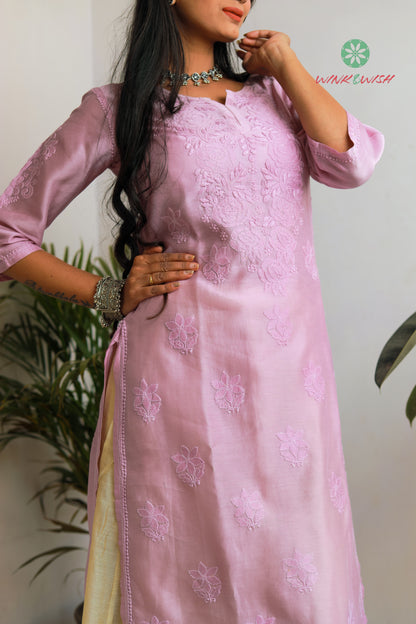 Lilac Rose pattern Chikankari embroidered Chanderi Kurti