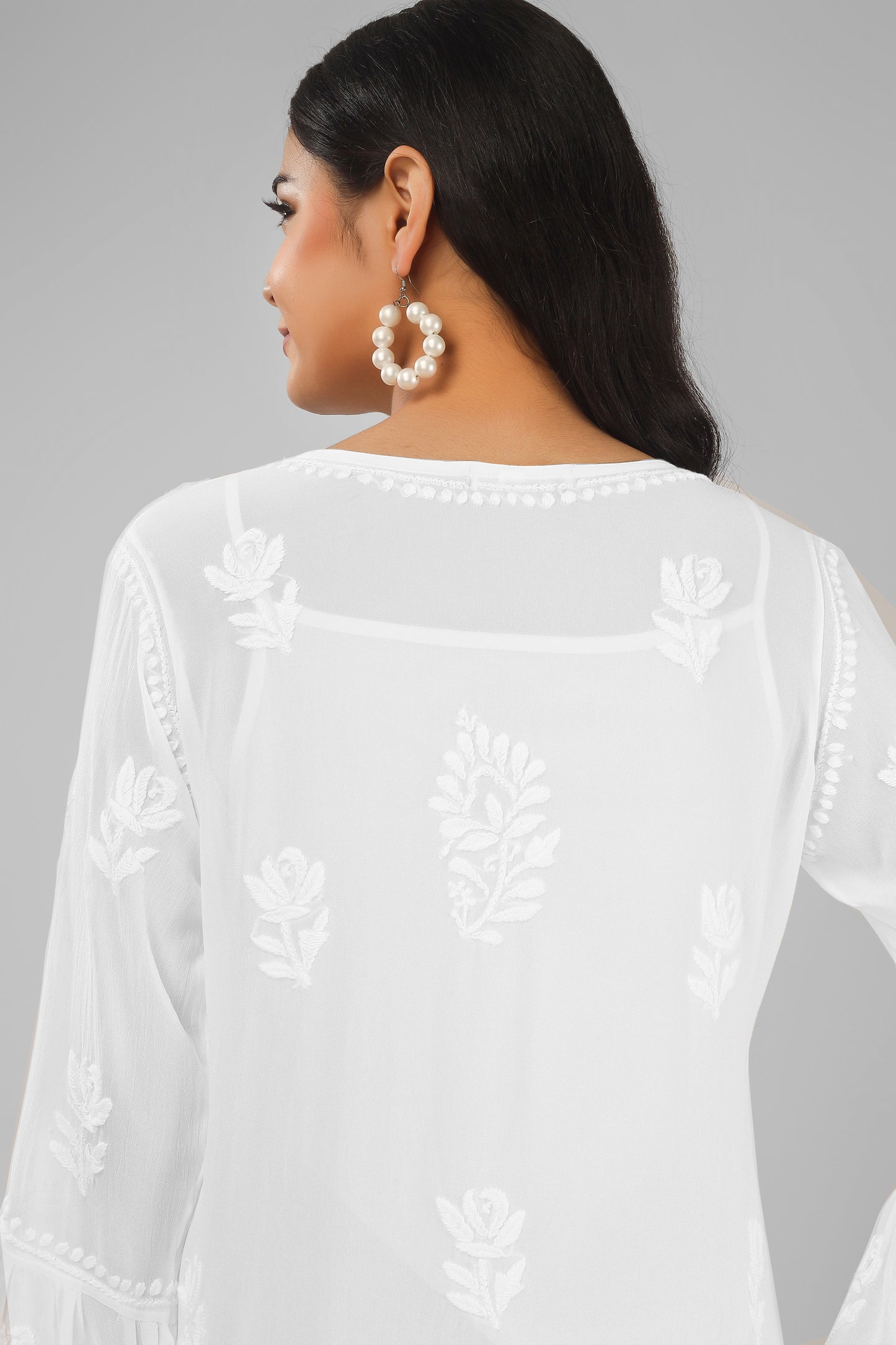 Stylish White Pure Georgette Chikankari Short Kurti with Bell Sleeves
