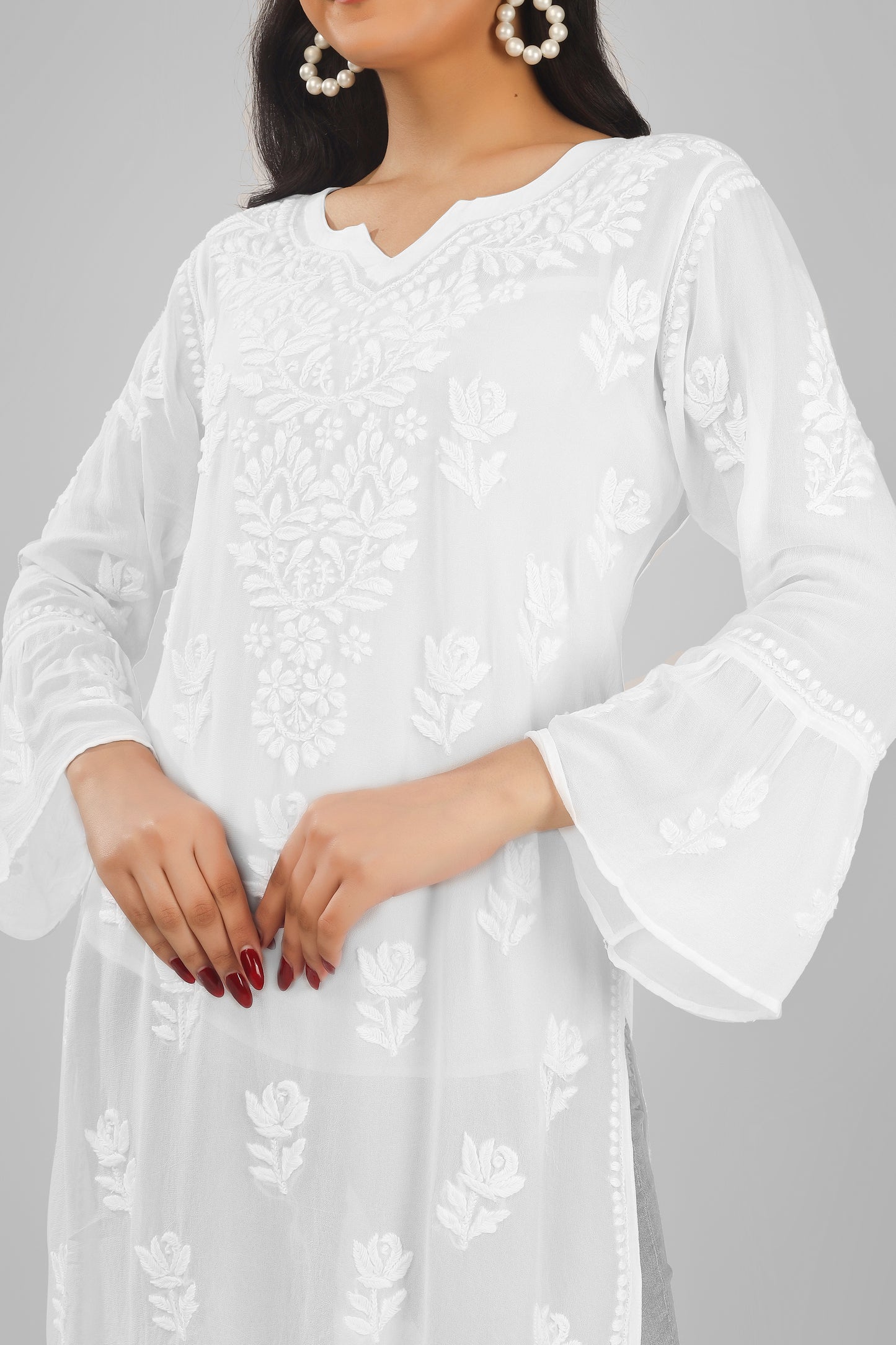 Stylish White Pure Georgette Chikankari Short Kurti with Bell Sleeves
