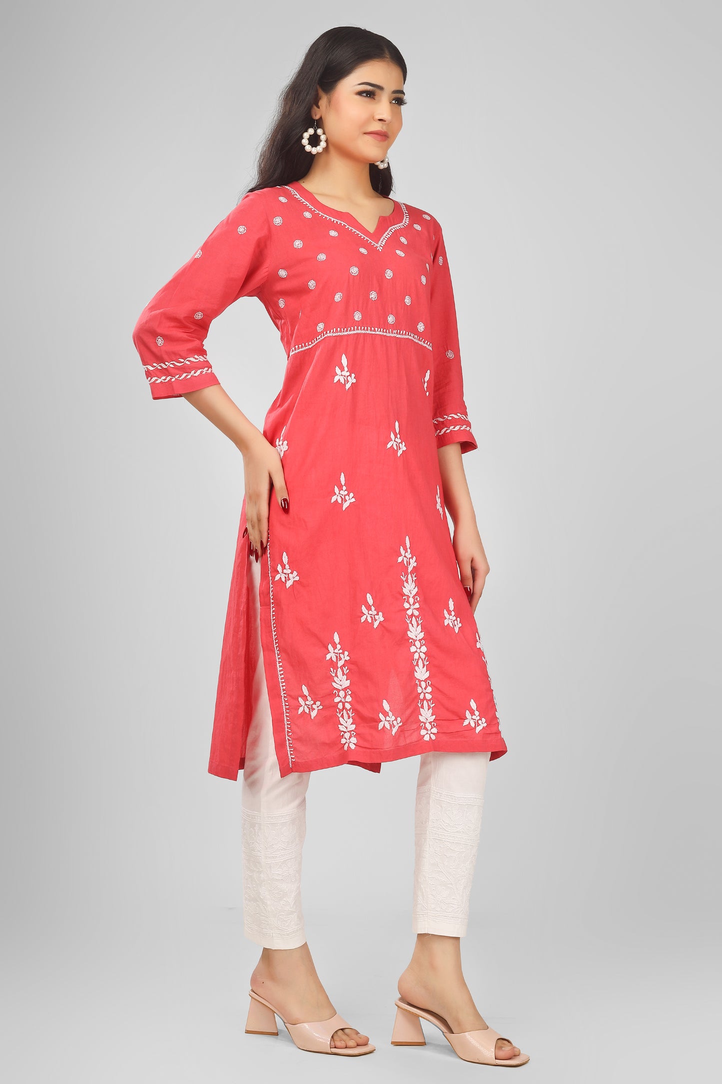 'Artisanal Grace Wednesday' Pink Mul Cotton Chikankari Kurti