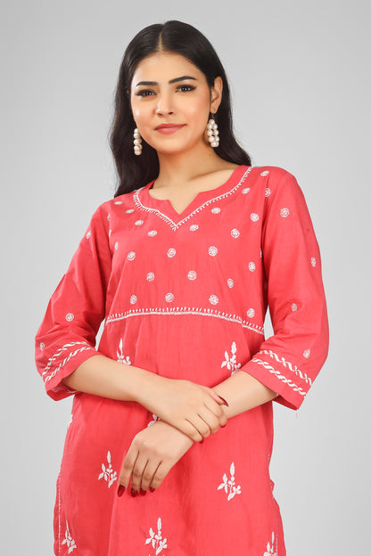 'Artisanal Grace Wednesday' Pink Mul Cotton Chikankari Kurti