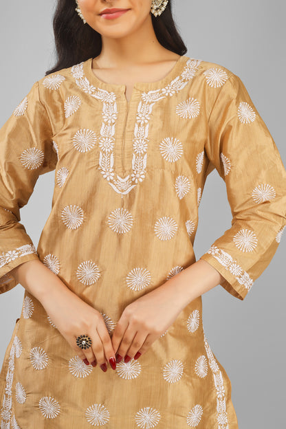 Ochre Brown Silk Chikankari Kurta-Pant Set