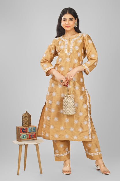 Ochre Brown Silk Chikankari Kurta-Pant Set