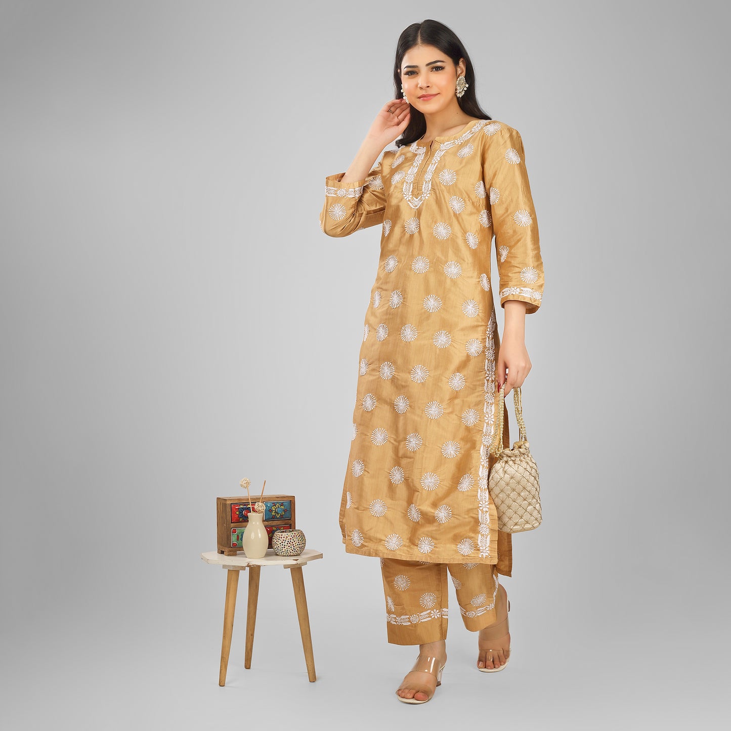 Ochre Brown Silk Chikankari Kurta-Pant Set