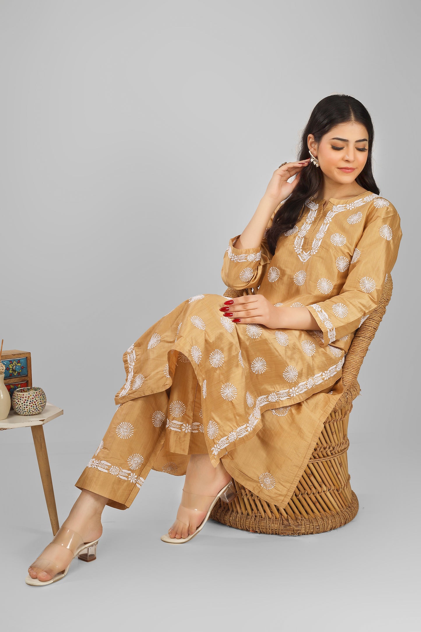 Ochre Brown Silk Chikankari Kurta-Pant Set