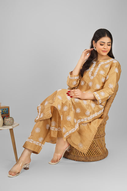 Ochre Brown Silk Chikankari Kurta-Pant Set