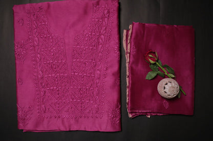 Wine Chanderi Unstitched Chikankari Suit Set