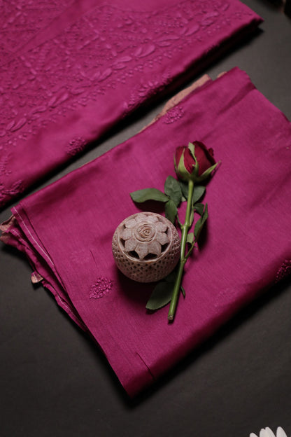 Wine Chanderi Unstitched Chikankari Suit Set
