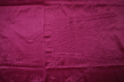 Wine Chanderi Unstitched Chikankari Suit Set