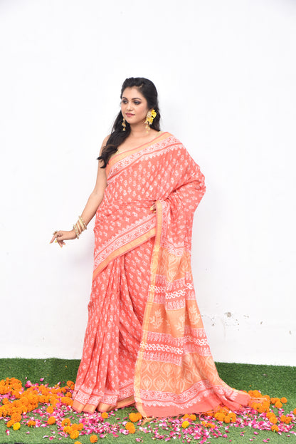 'Narangi' Chanderi Hand-block printed saree