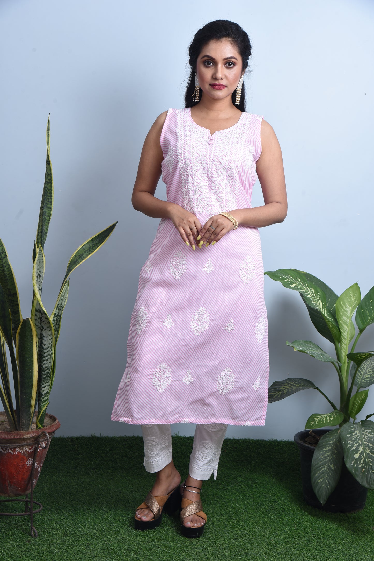 Pink Lehriya & Chikankari Kurti-Pant set