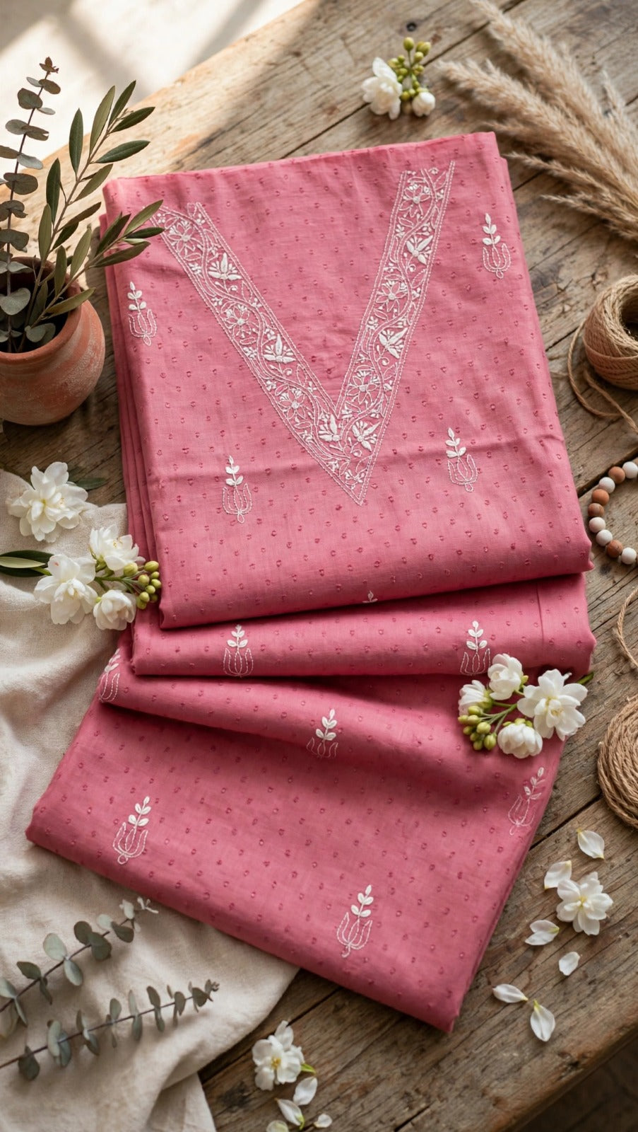 V Neck Dusky Rose Pink embroidered Chikankari Dress material