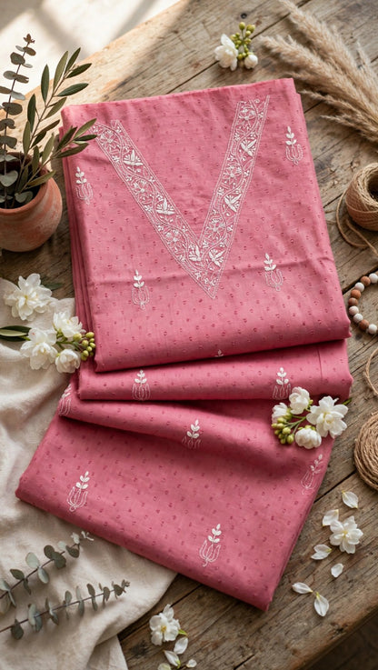 V Neck Dusky Rose Pink embroidered Chikankari Dress material