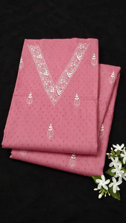 V Neck Dusky Rose Pink embroidered Chikankari Dress material