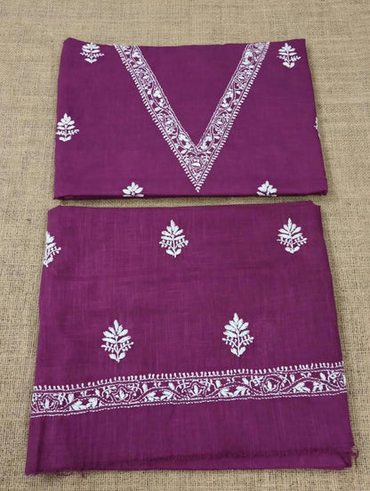 Onion Pink V Neck Check Cotton Hand Embroidered Chikankari Dress Material