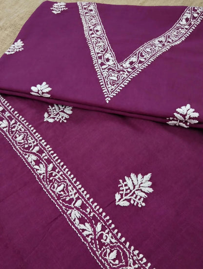 Onion Pink V Neck Check Cotton Hand Embroidered Chikankari Dress Material