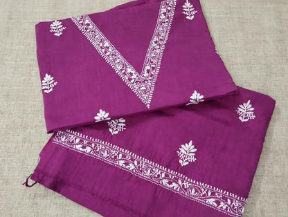 Onion Pink V Neck Check Cotton Hand Embroidered Chikankari Dress Material