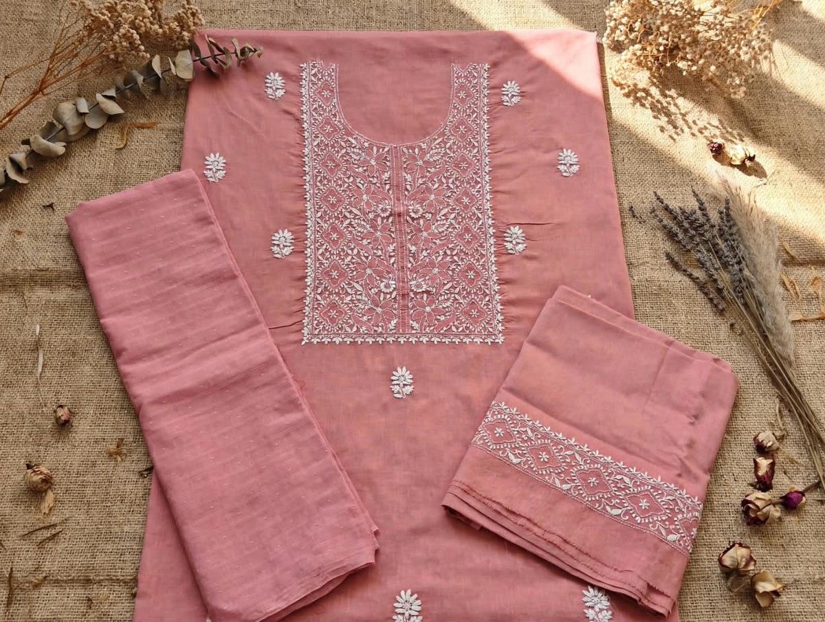 Mauve Pink Soft Cotton Unstitched Chikankari Suit Set
