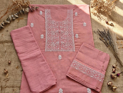 Mauve Pink Soft Cotton Unstitched Chikankari Suit Set