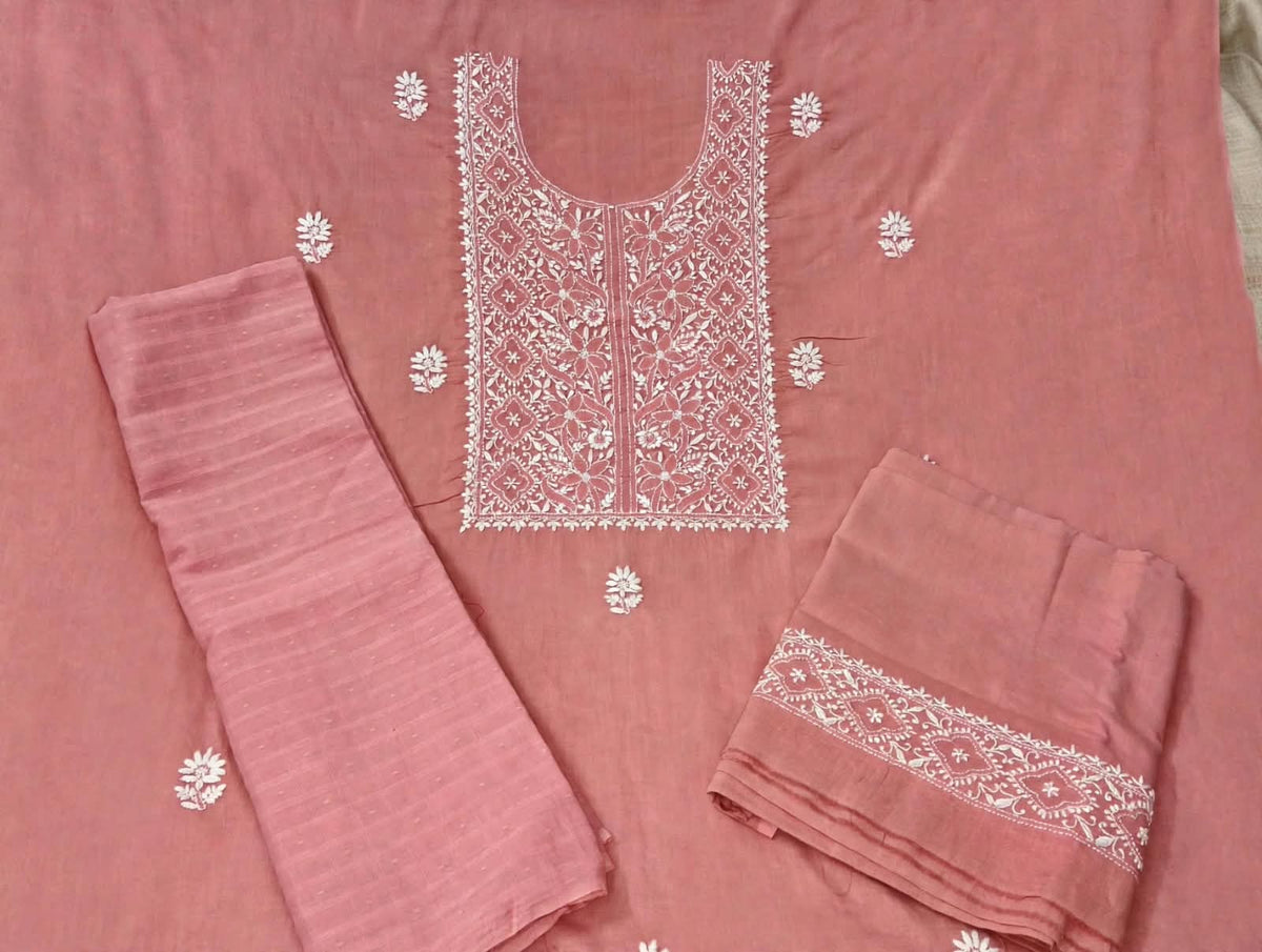 Mauve Pink Soft Cotton Unstitched Chikankari Suit Set