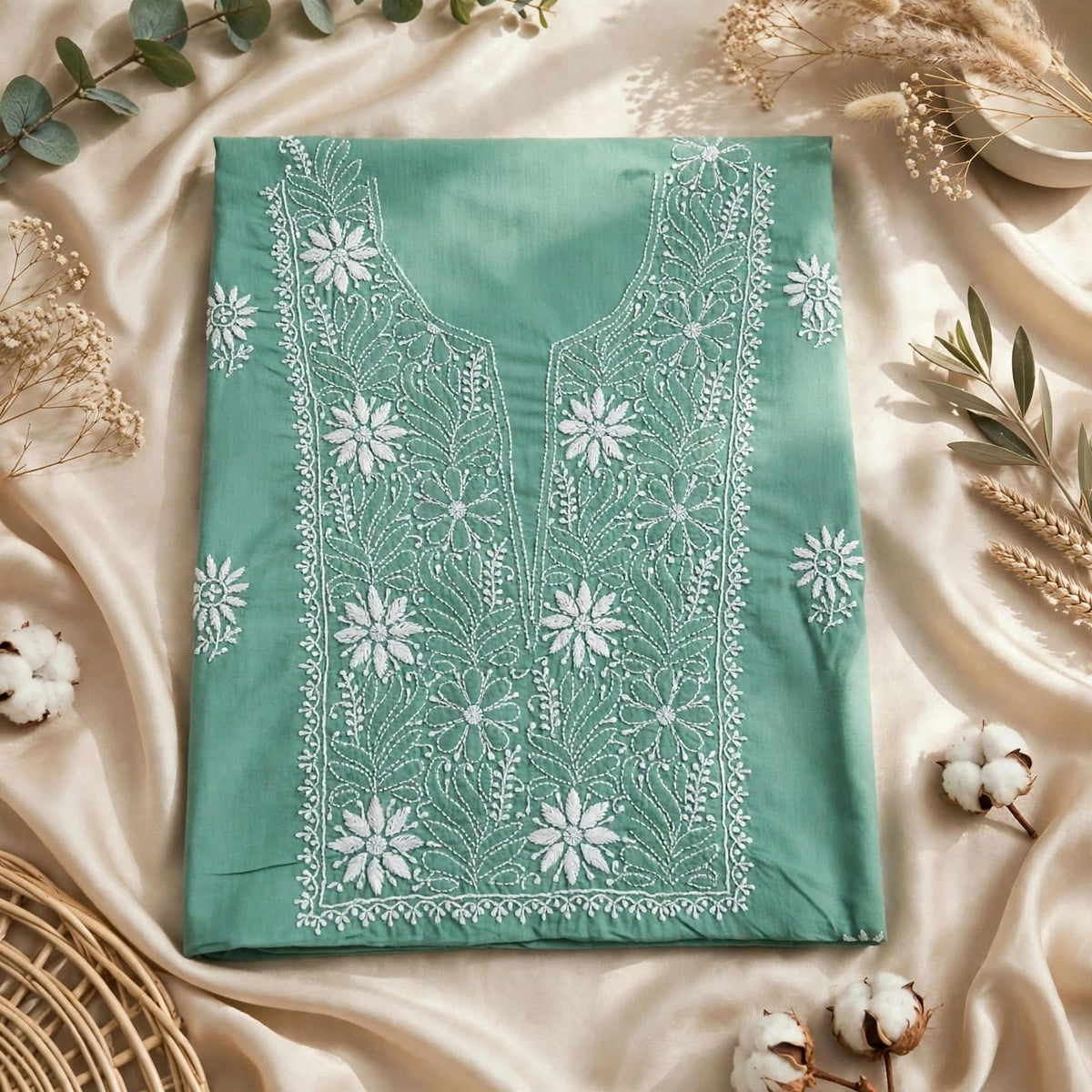 Sea Green Mul Cotton Chikankari Unstitched Kurta