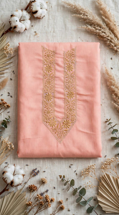 Soft Peach- Contrast Neck Soft Cotton Unstitched Chikankari Kurta Set
