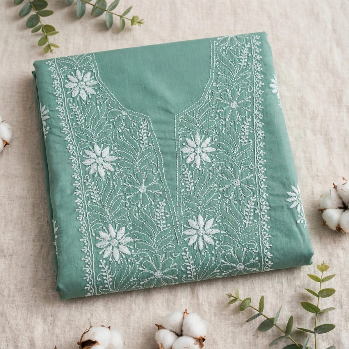 Sea Green Mul Cotton Chikankari Unstitched Kurta
