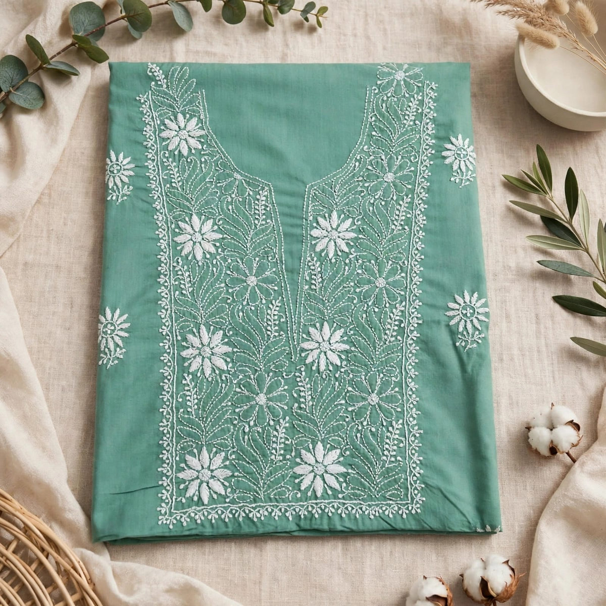 Sea Green Mul Cotton Chikankari Unstitched Kurta