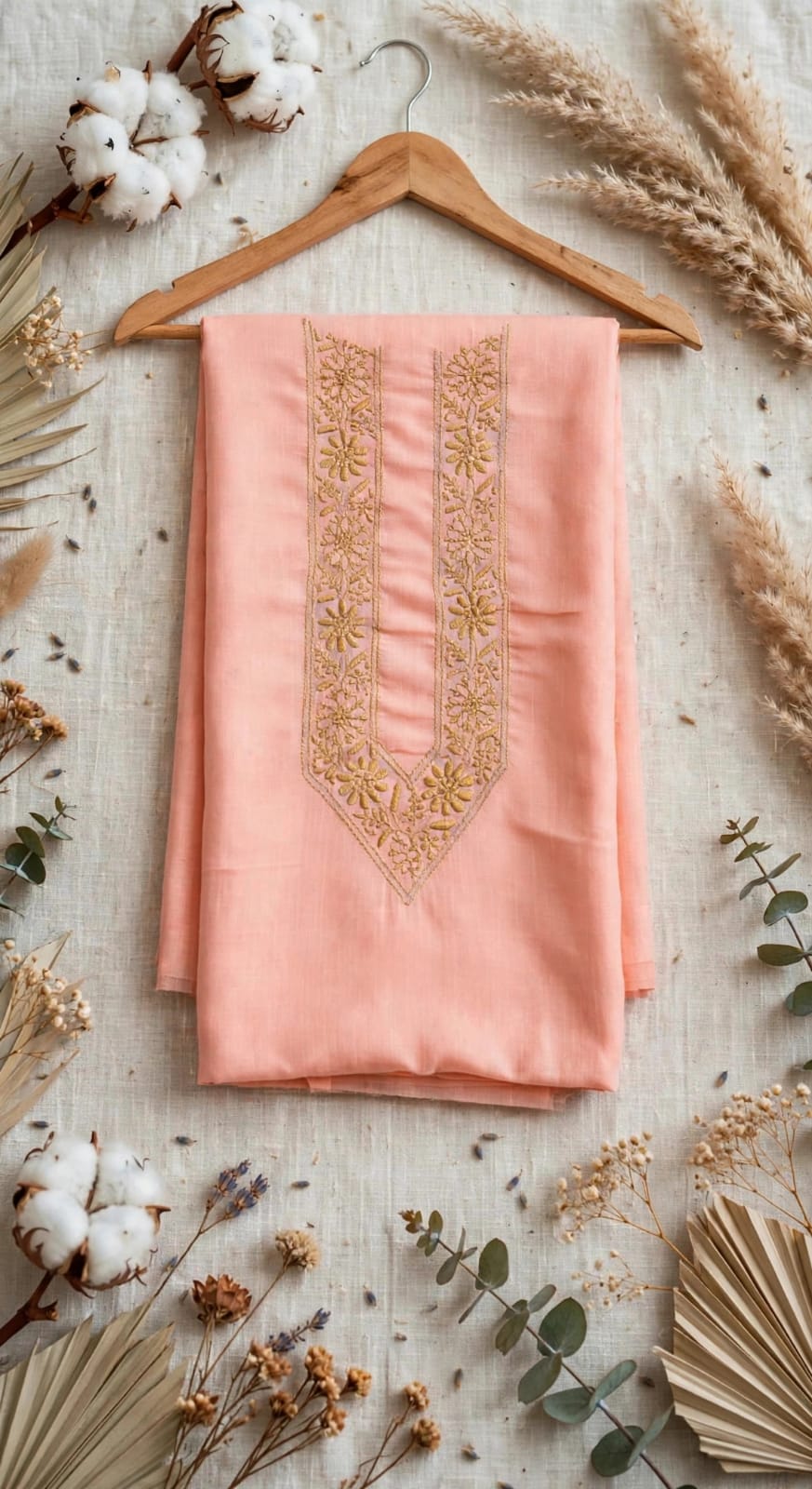 Soft Peach- Contrast Neck Soft Cotton Unstitched Chikankari Kurta Set
