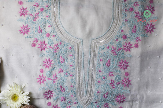 White Mul Chanderi Kurta Dupatta with Pastel Chikankari & Pearl work embellishment