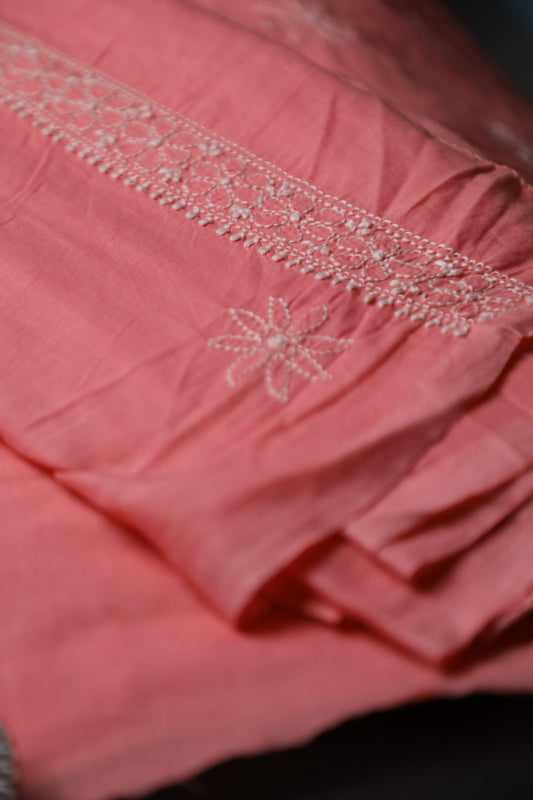 Georgia Peach Contrast Embroidered Mul Cotton Unstitched Chikankari Suit set