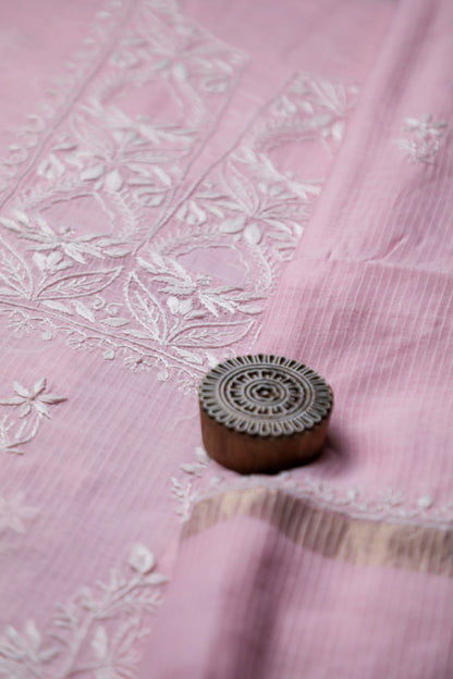 Light Pink Maheshwari Cotton Unstitched Chikankari Suit Set