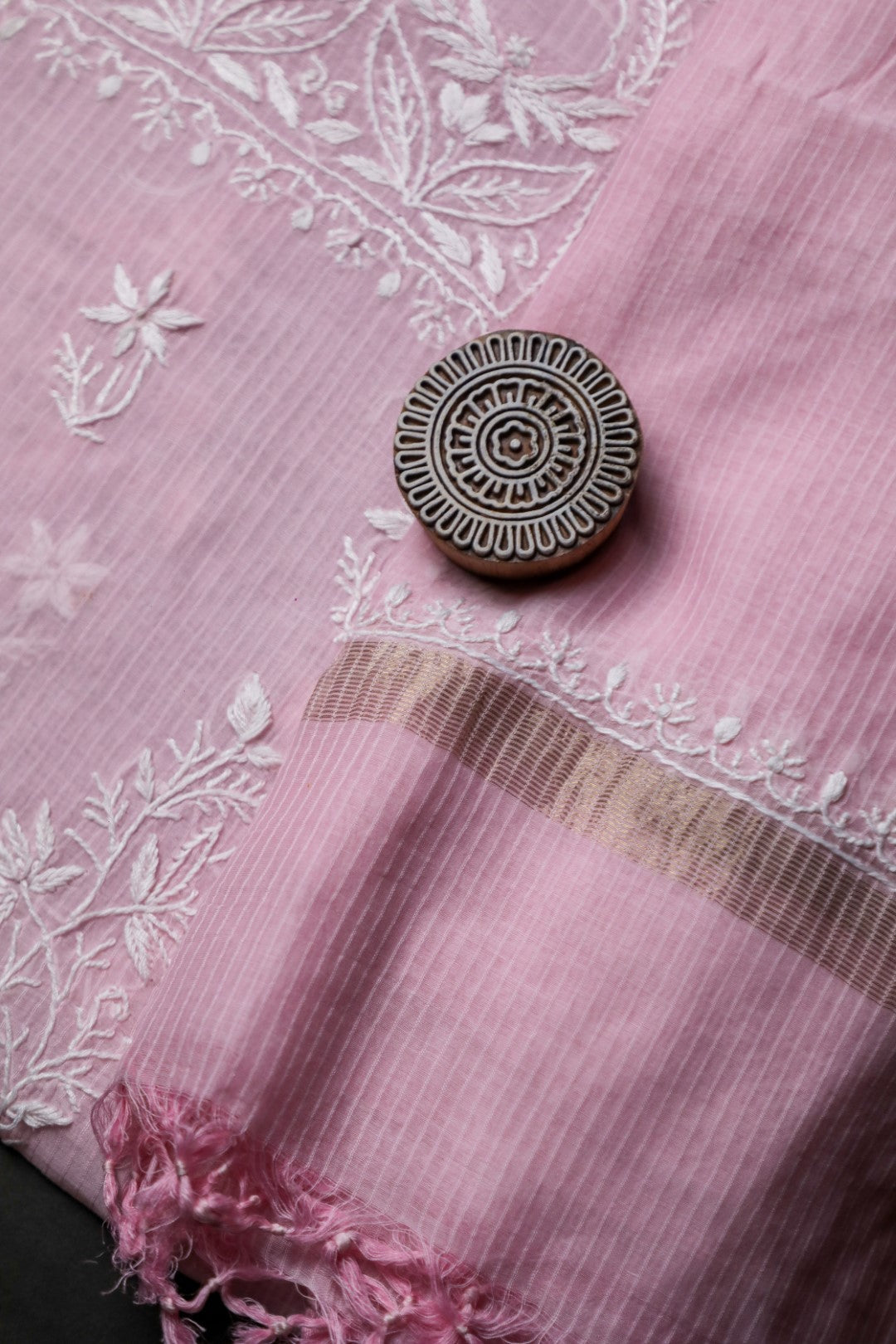 Light Pink Maheshwari Cotton Unstitched Chikankari Suit Set