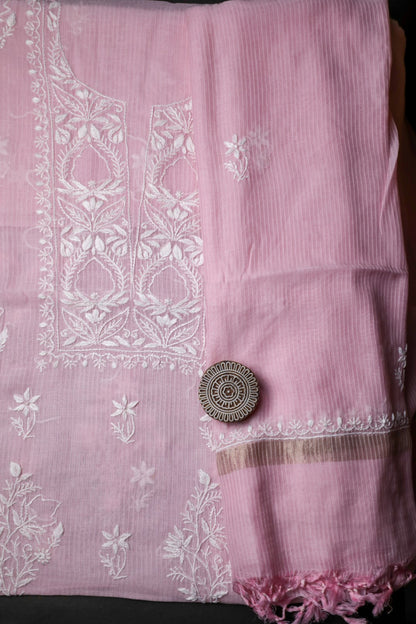 Light Pink Maheshwari Cotton Unstitched Chikankari Suit Set