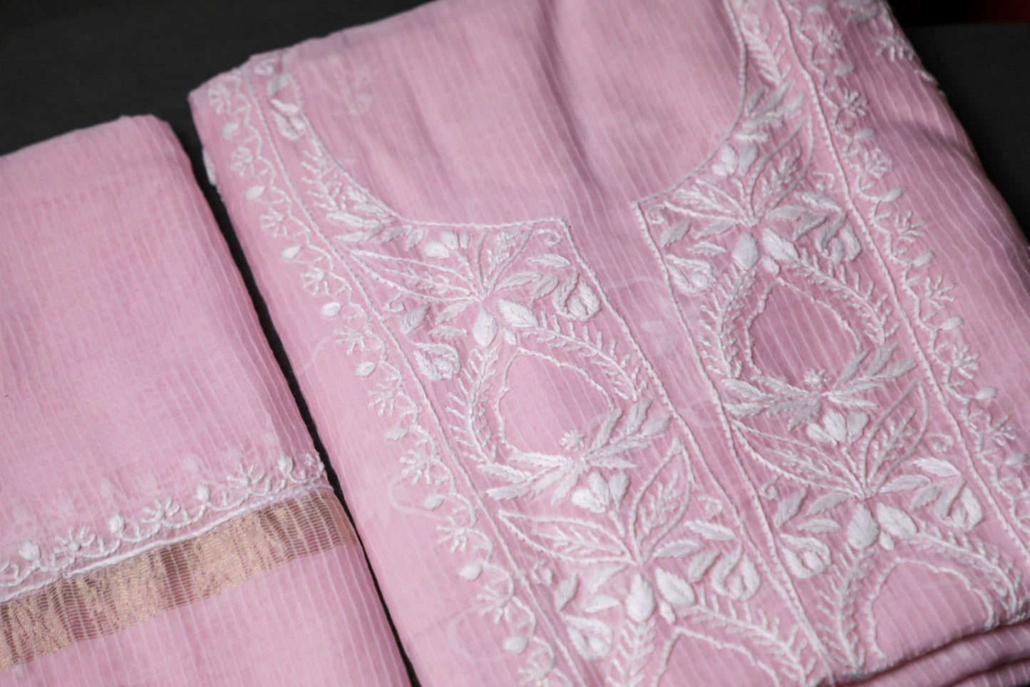 Light Pink Maheshwari Cotton Unstitched Chikankari Suit Set