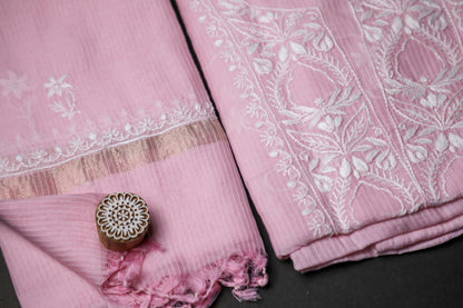 Light Pink Maheshwari Cotton Unstitched Chikankari Suit Set