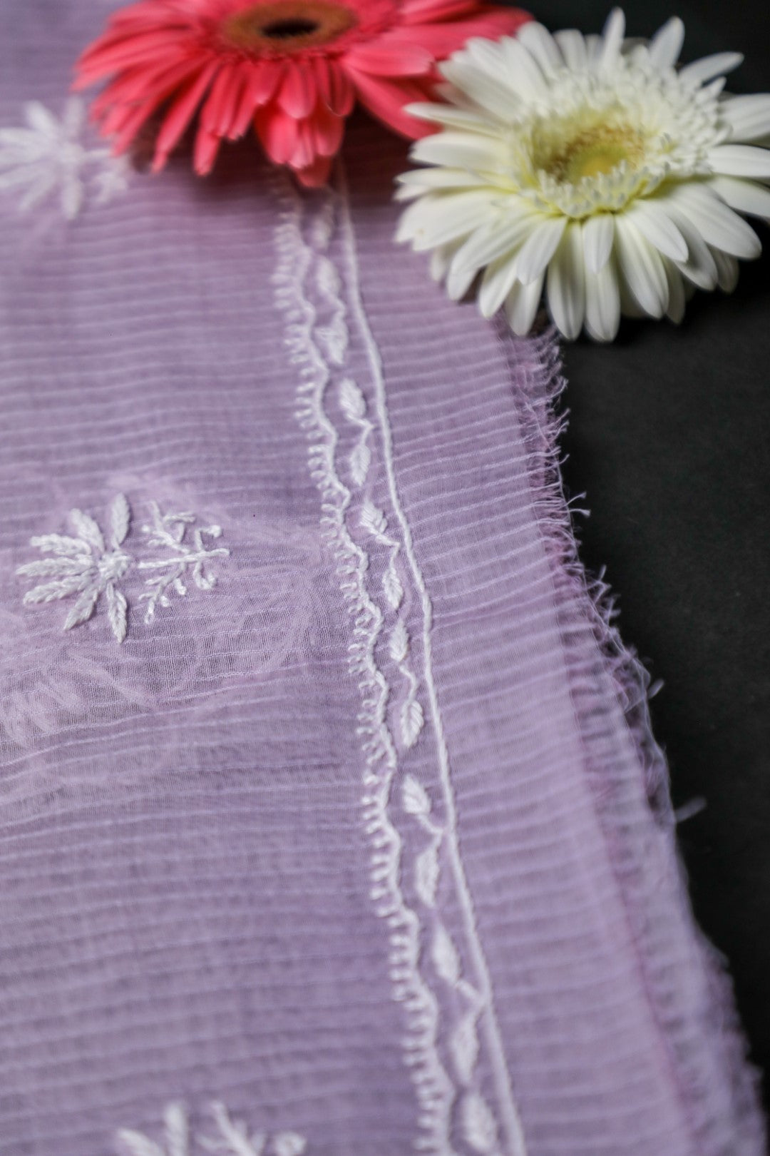 Soft Lilac Maheshwari Cotton Unstitched Chikankari Suit Set