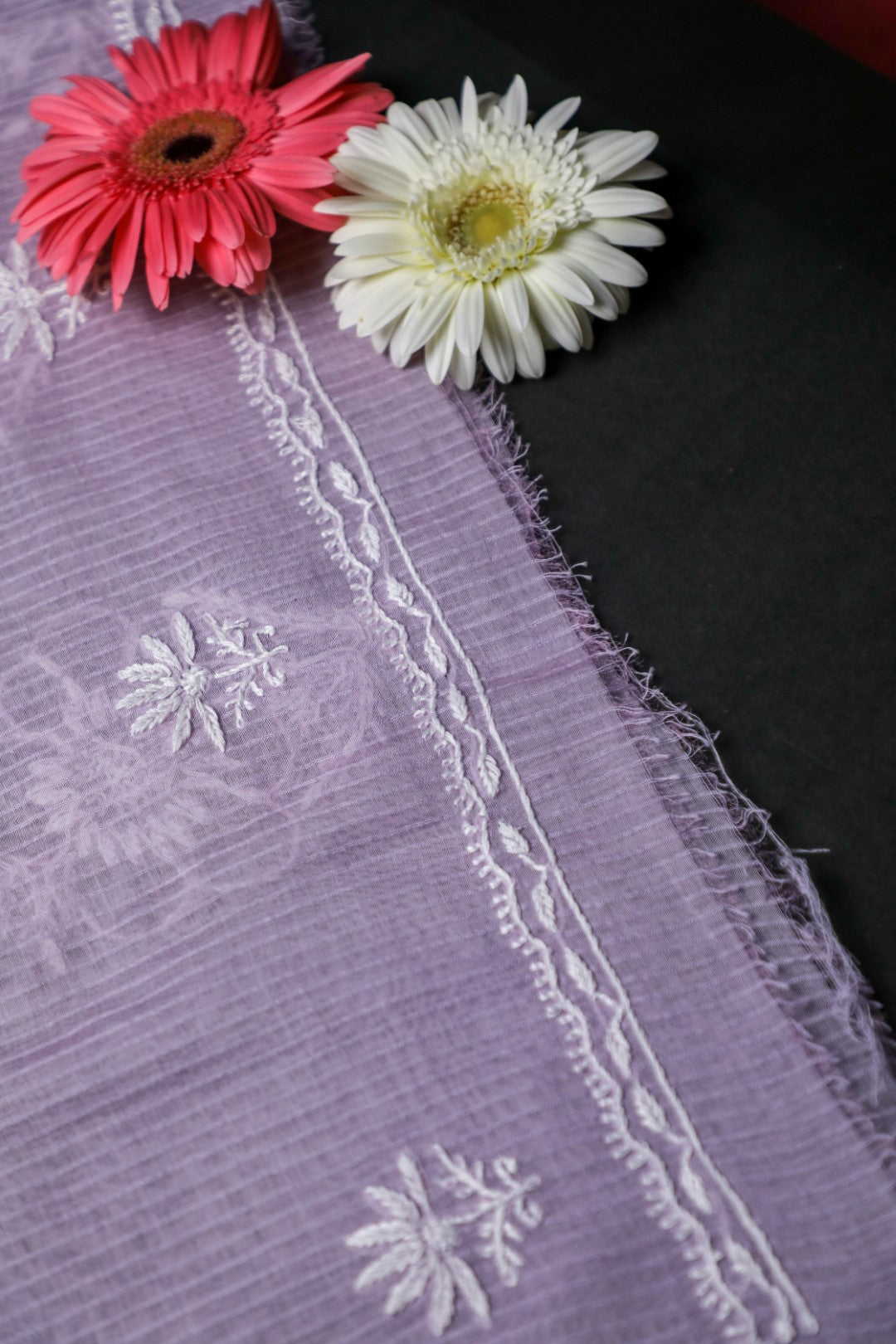 Soft Lilac Maheshwari Cotton Unstitched Chikankari Suit Set