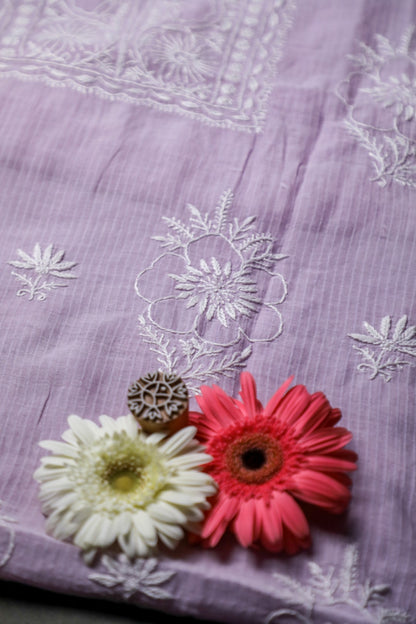 Soft Lilac Maheshwari Cotton Unstitched Chikankari Suit Set