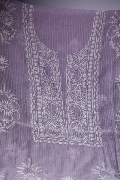 Soft Lilac Maheshwari Cotton Unstitched Chikankari Suit Set