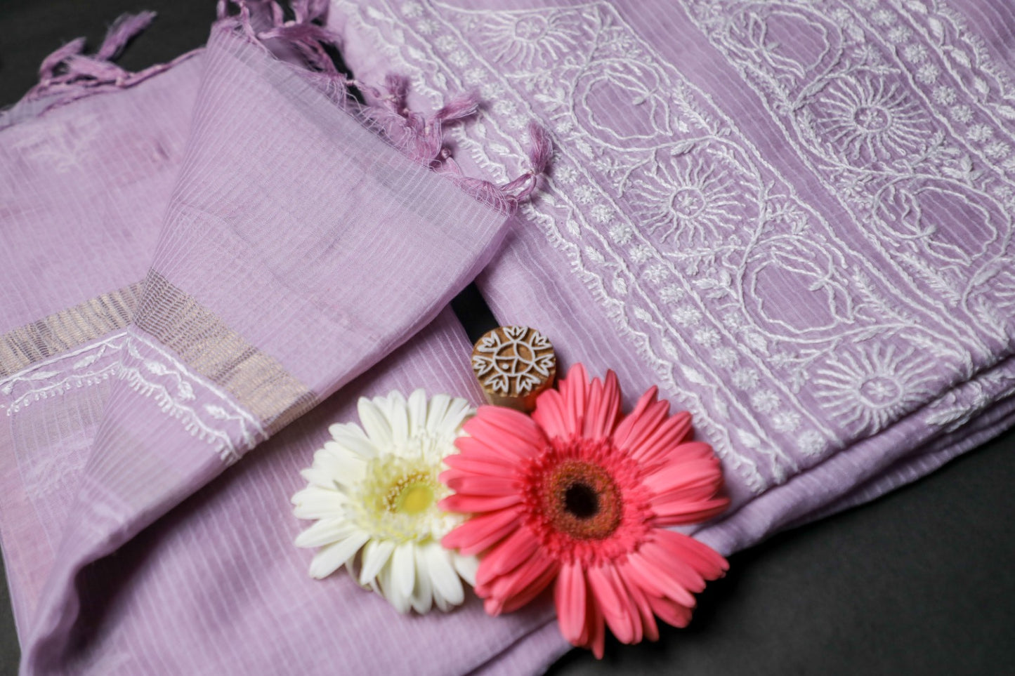 Soft Lilac Maheshwari Cotton Unstitched Chikankari Suit Set