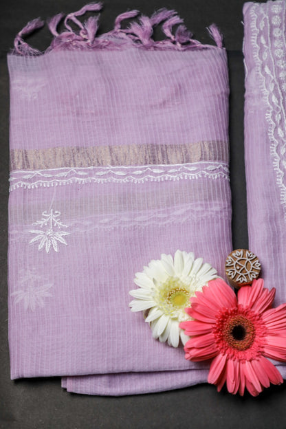 Soft Lilac Maheshwari Cotton Unstitched Chikankari Suit Set