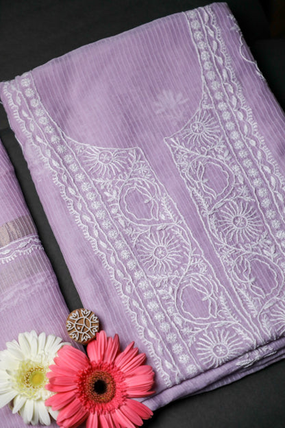 Soft Lilac Maheshwari Cotton Unstitched Chikankari Suit Set