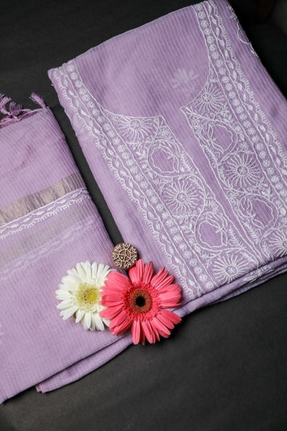 Soft Lilac Maheshwari Cotton Unstitched Chikankari Suit Set