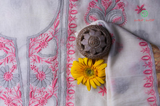 Pink & Grey thread embroidered White Mul Chanderi Unstitched Chikankari Suit Set