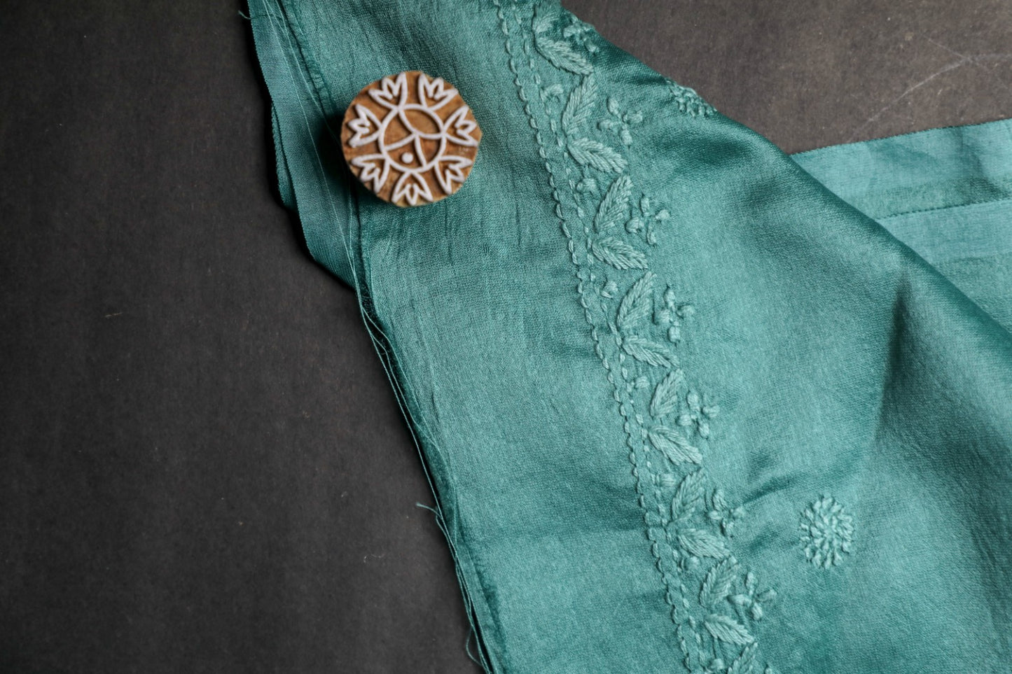 Pine Green Chanderi Unstitched Chikankari Suit Set