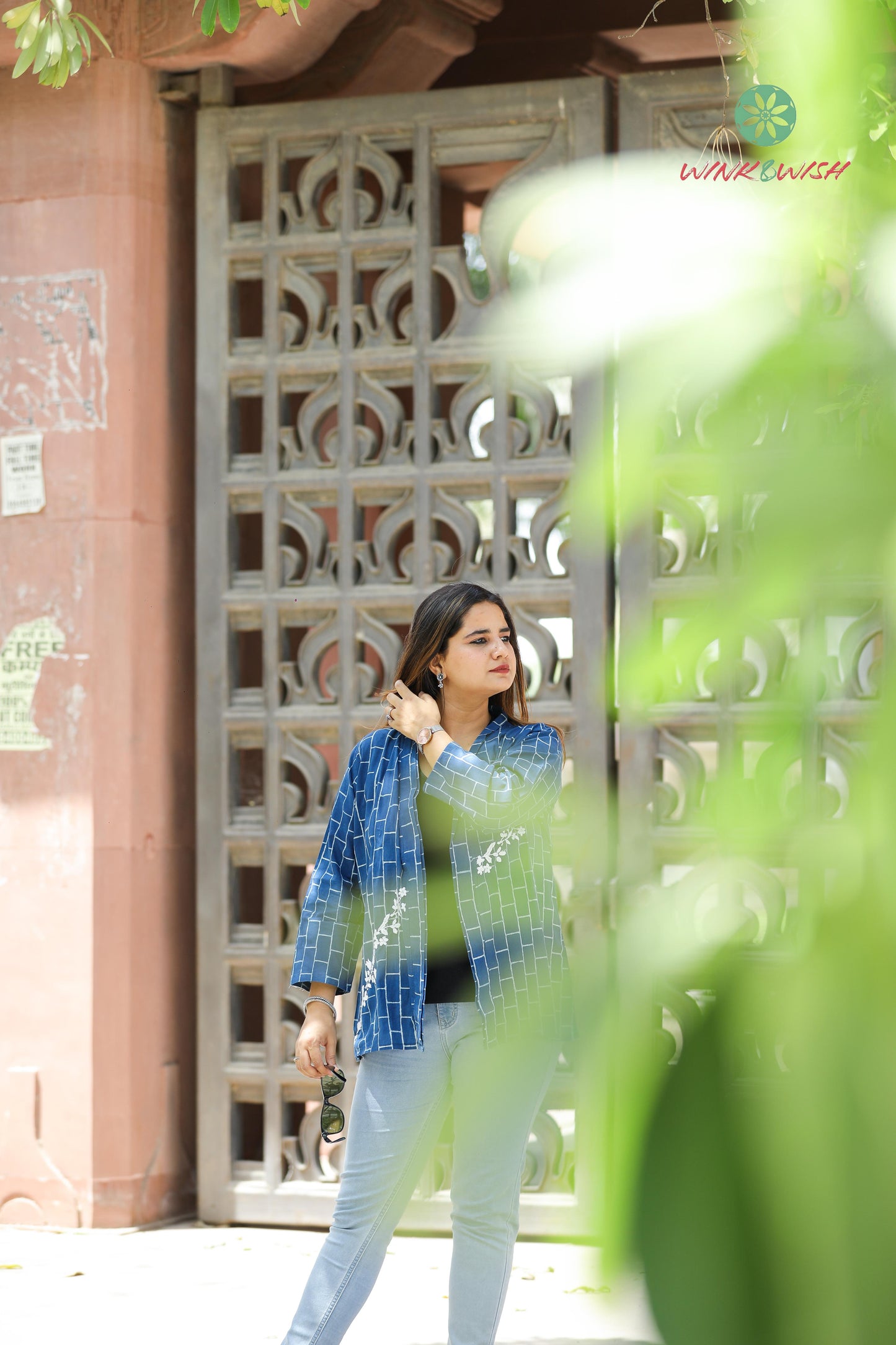 'Indigo Trellis' Cotton Indigo Shrug with Chikankari detailing